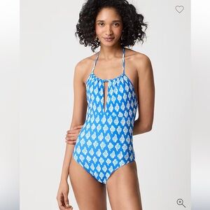 J. Crew Factory Blue and White Patterned One Piece Swimsuit